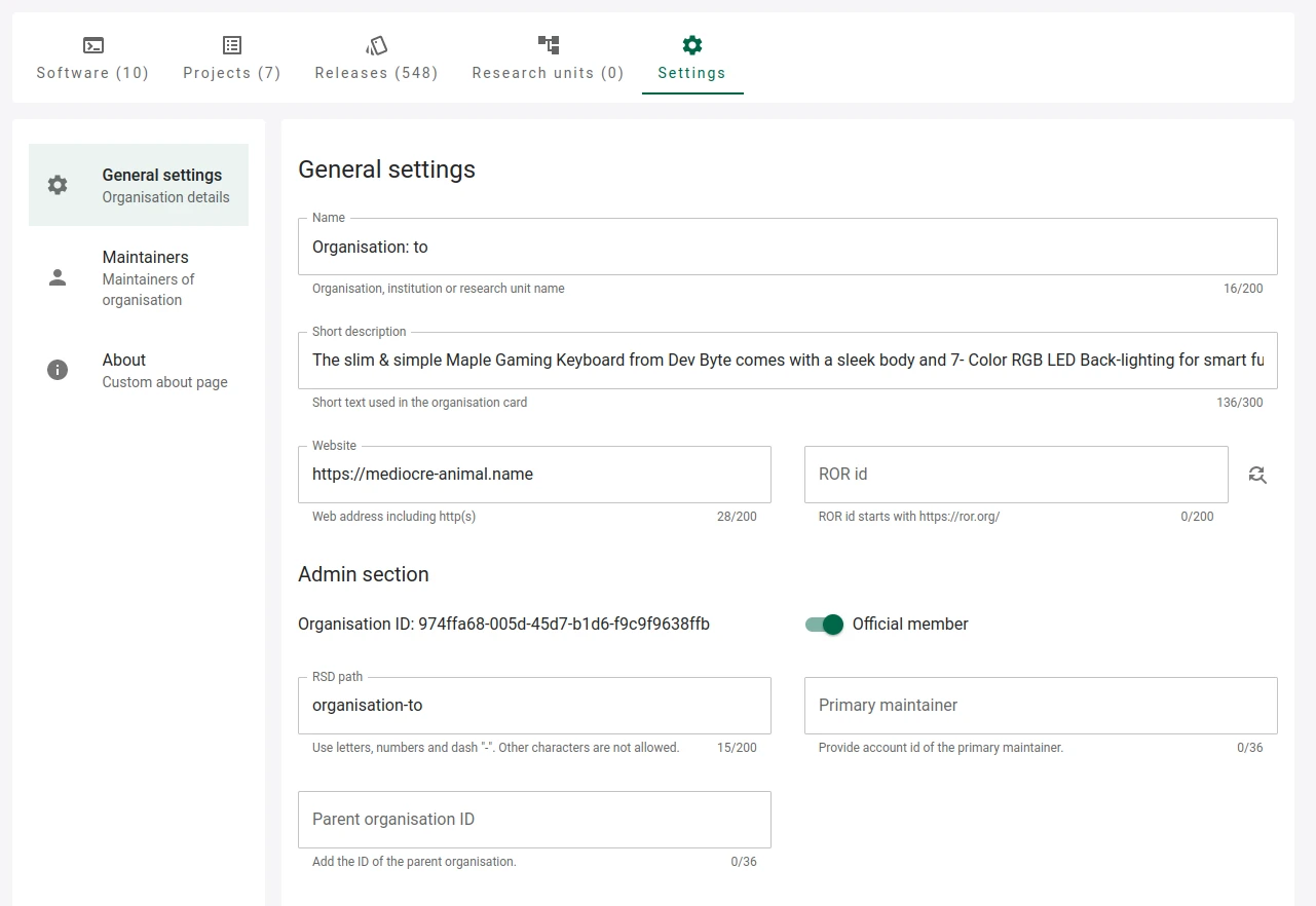 Organisation Admin section